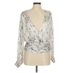 WHBM‎ Small Gray Snake Print Top Low V Surplice Smocked Silk Blend Blouse NWT
